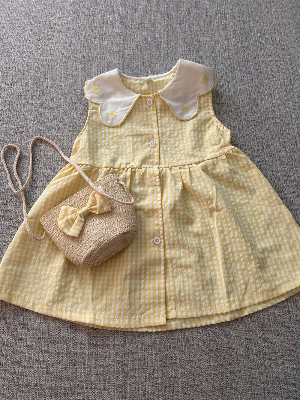 Yellow Gingham Dress with Peter Pan Collar and Woven Crossbody Bag Size 2/3 NWOT